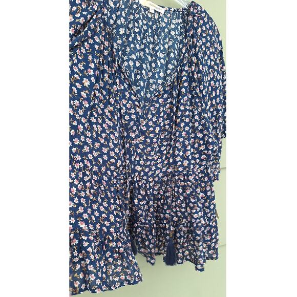 Rewind Tiered Ruffle Flutter Sleeve Cottage Boho Blouse Top Blue Floral M Rayon - Picture 10 of 11